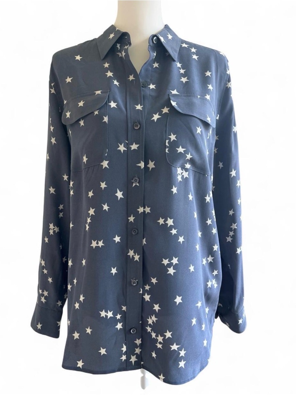 EQUIPMENT Femme Slim Signature Star Print Silk Shirt Blouse Bluestone Blue L